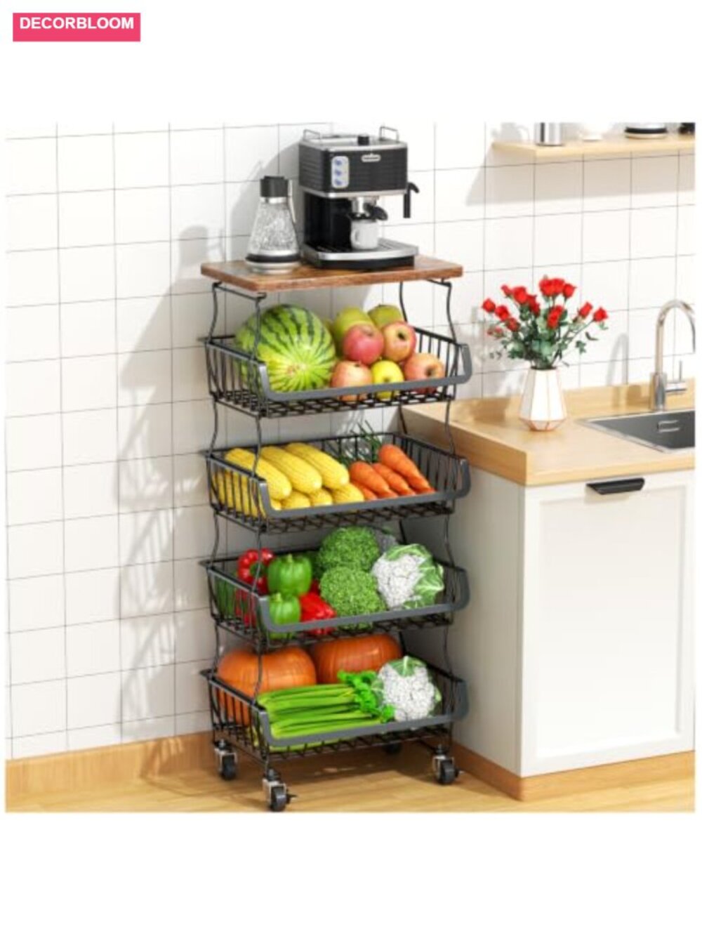 5 Tier Rolling Fruit Vegetable Storage Cart Wood Top Lockable Wheels Kitchen